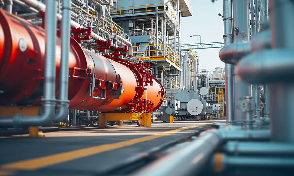 An oil refinery with pipes and pipes in the background.