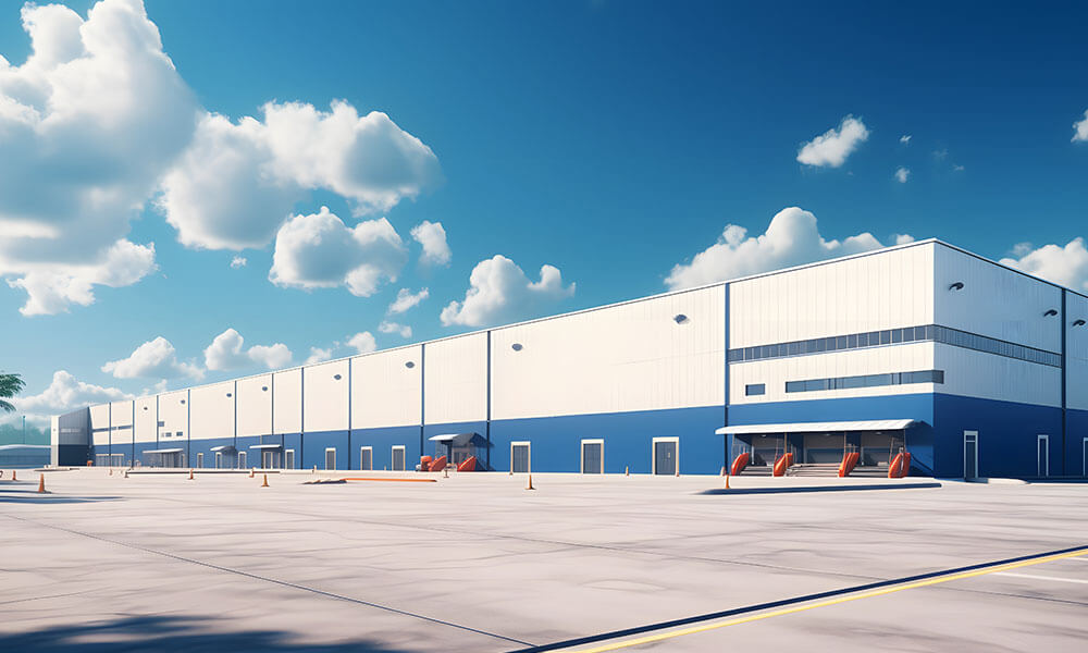 A warehouse with blue sky and clouds.